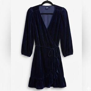GAP Navy Blue Velvet Wrap Dress Puff Sleeve Mini Ruffle Hem Whimsigoth Medium